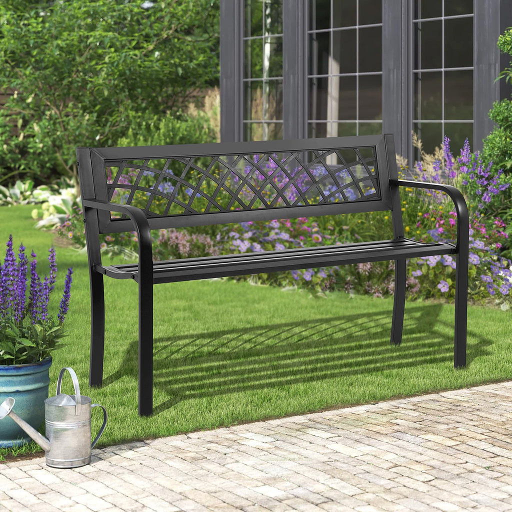 Black Iron Steel Outdoor Bench with Backrest and Armrests X3023