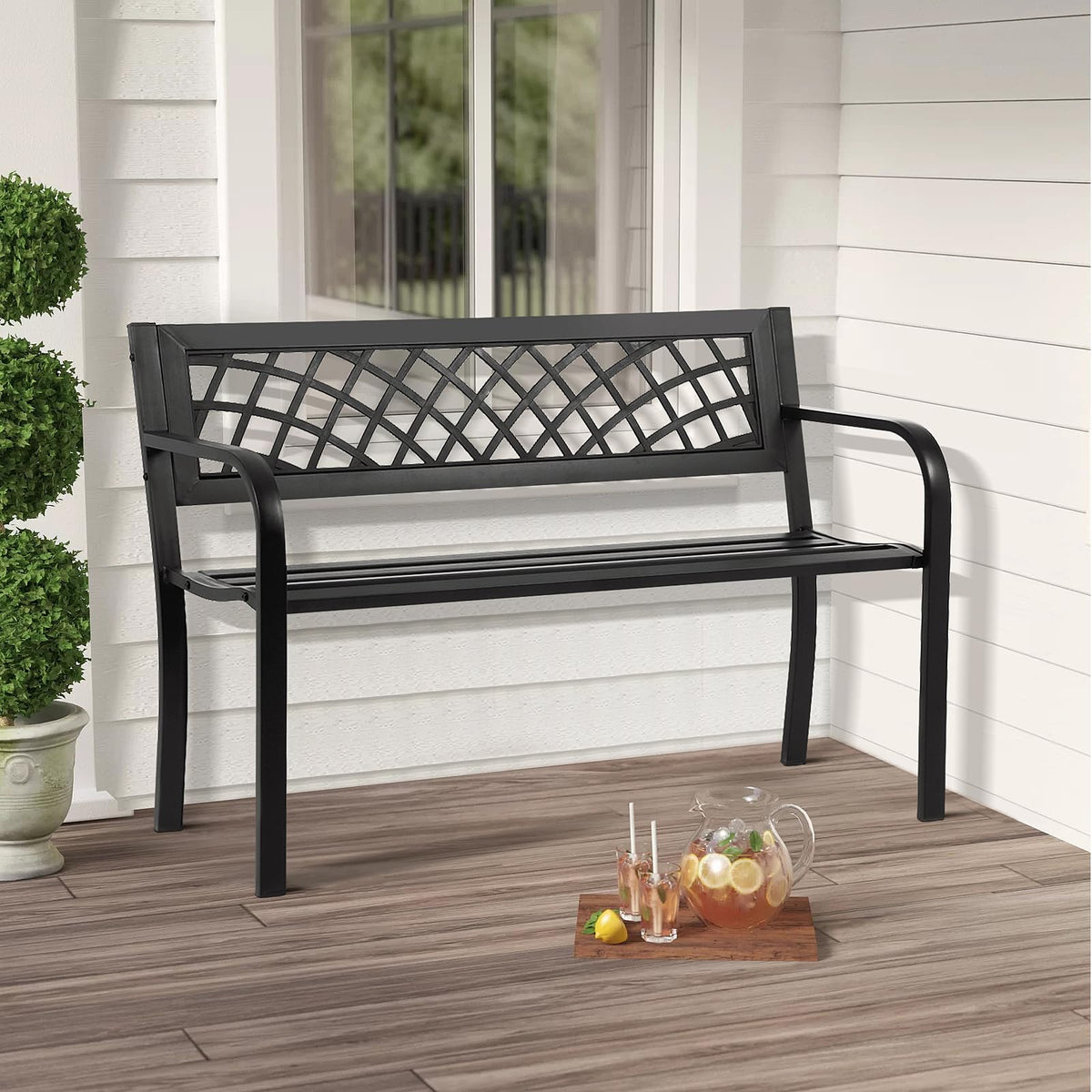 Black Iron Steel Outdoor Bench with Backrest and Armrests X3023