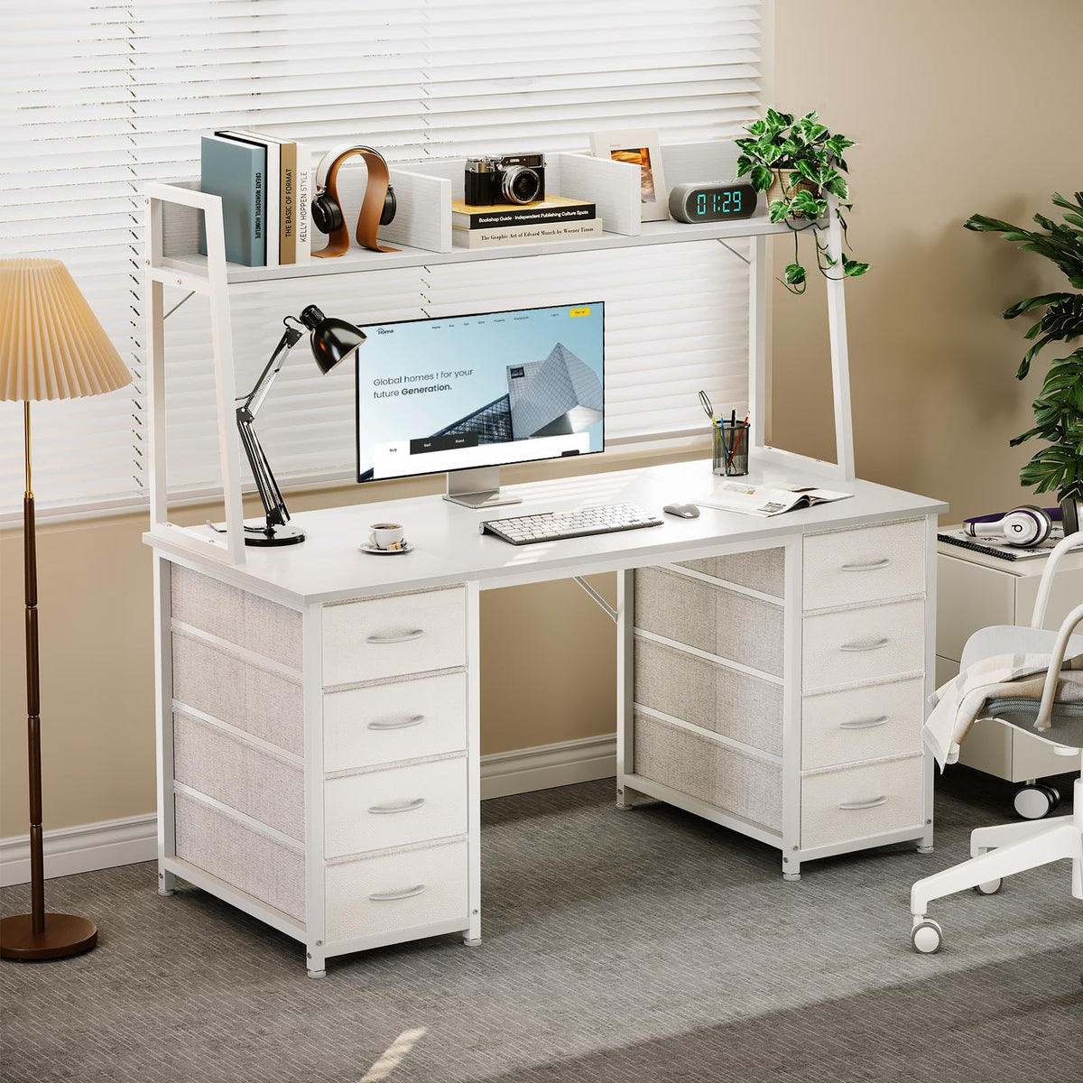 48 Inch White Computer Desk with Hutch and 8 Drawers E800938
