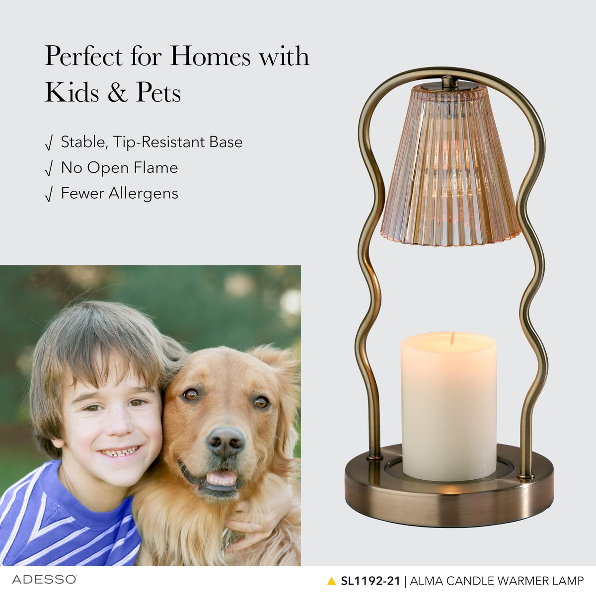 Candle Warmer Lamp, Antique Brass & Ribbed Glass, Dimmable B32325