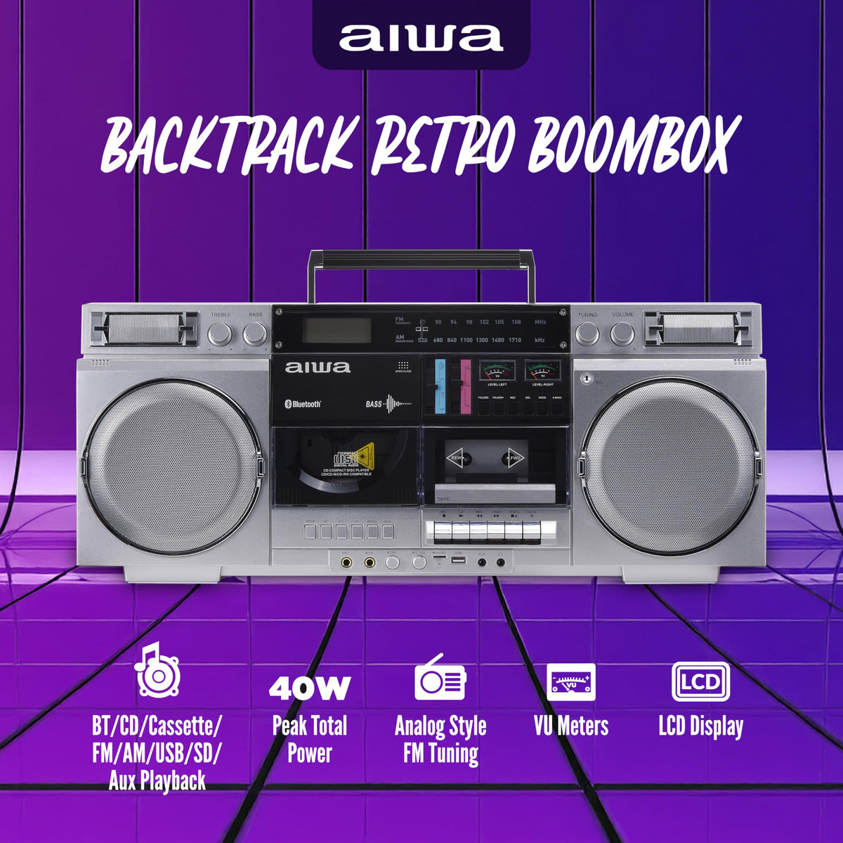 Retro Boombox CD Player with Cassette Recording, Bluetooth, FM/AM Radio, USB/SD/AUX Inputs, Dual 40W Speakers F837094