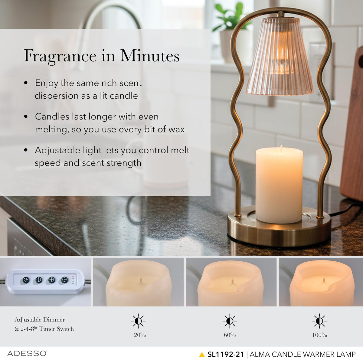 Candle Warmer Lamp, Antique Brass & Ribbed Glass, Dimmable B32325