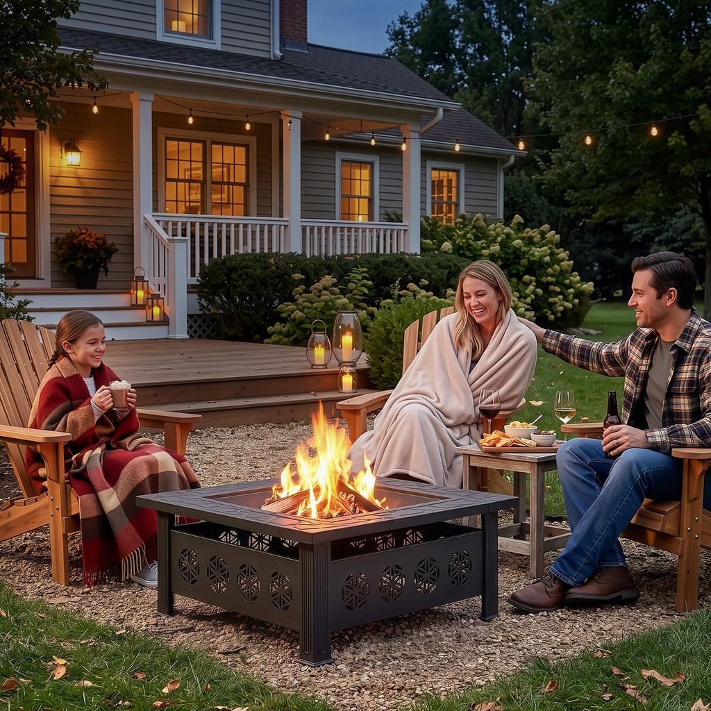 32 Inch Square Wood Burning Fire Pit Table with Spark Screen Lid and Fire Poker E73058