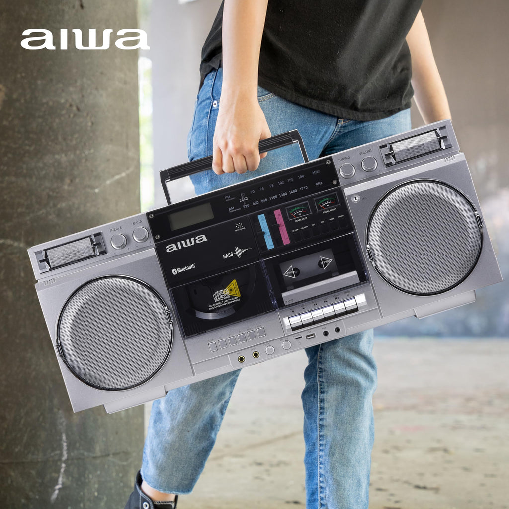 Retro Boombox CD Player with Cassette Recording, Bluetooth, FM/AM Radio, USB/SD/AUX Inputs, Dual 40W Speakers F837094