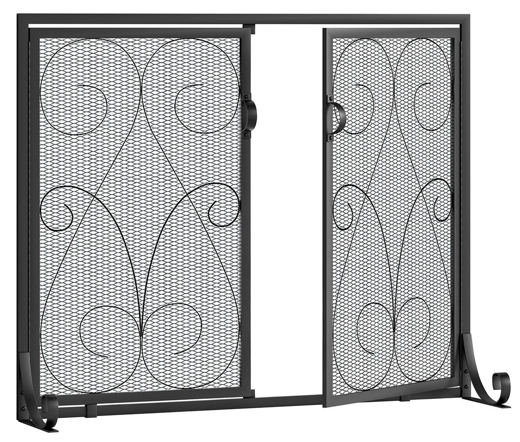 2-Panel Wrought Iron Fireplace Screen with Doors Black X1274