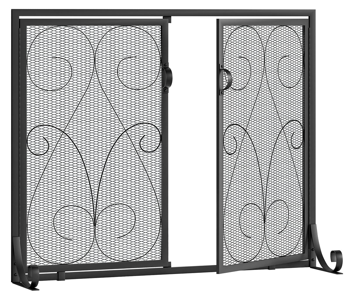 2-Panel Wrought Iron Fireplace Screen with Doors Black X1274