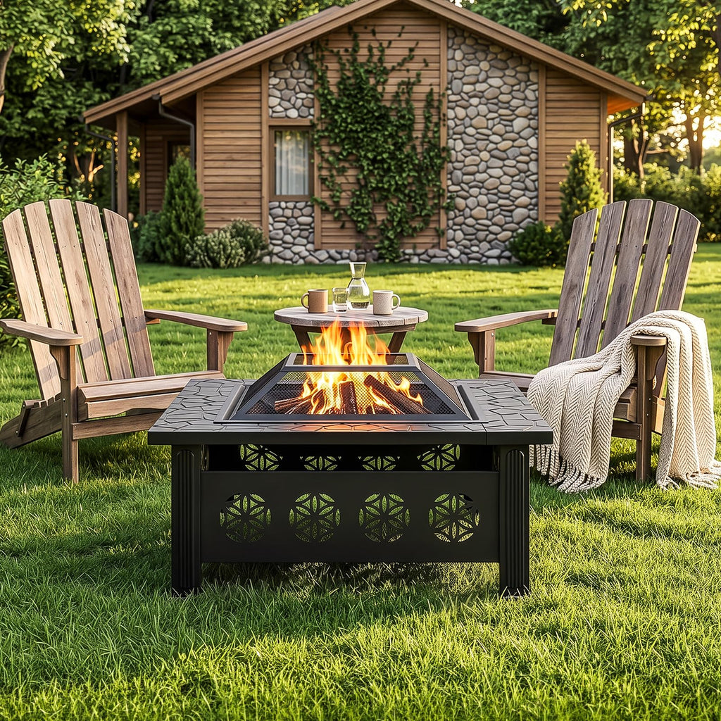 32 Inch Square Wood Burning Fire Pit Table with Spark Screen Lid and Fire Poker E73058