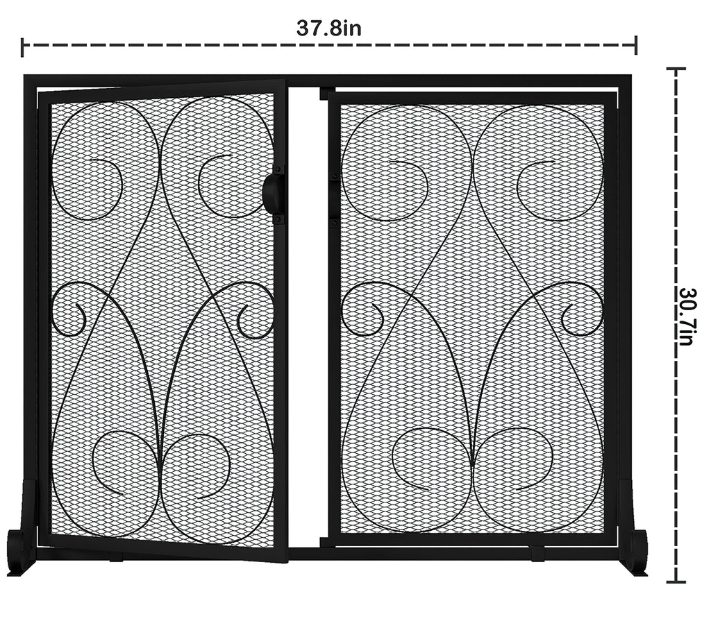 2-Panel Wrought Iron Fireplace Screen with Doors Black X1274