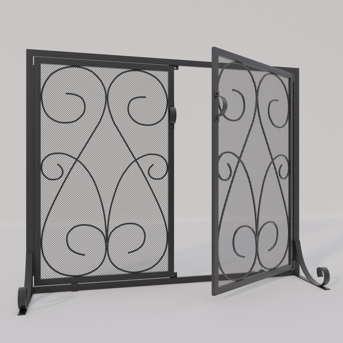 2-Panel Wrought Iron Fireplace Screen with Doors Black X1274