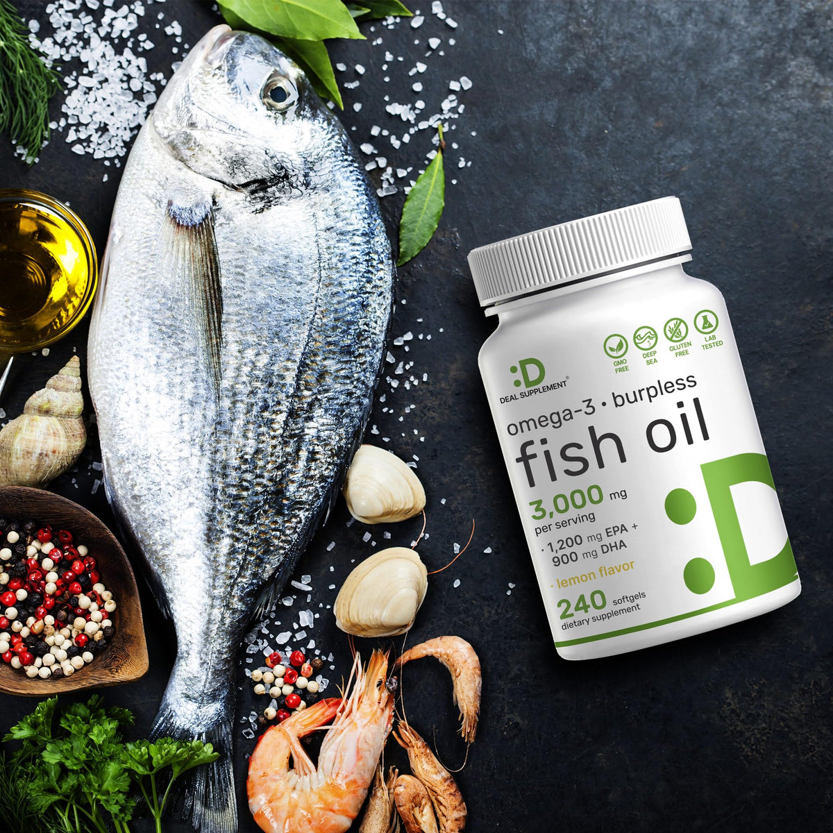 Omega 3 Fish Oil 3,000mg 240 Softgels EPA DHA Lemon Flavored Y633