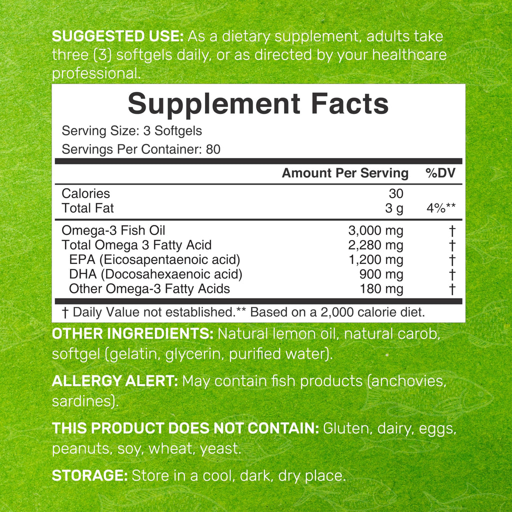 Omega 3 Fish Oil 3,000mg 240 Softgels EPA DHA Lemon Flavored Y633