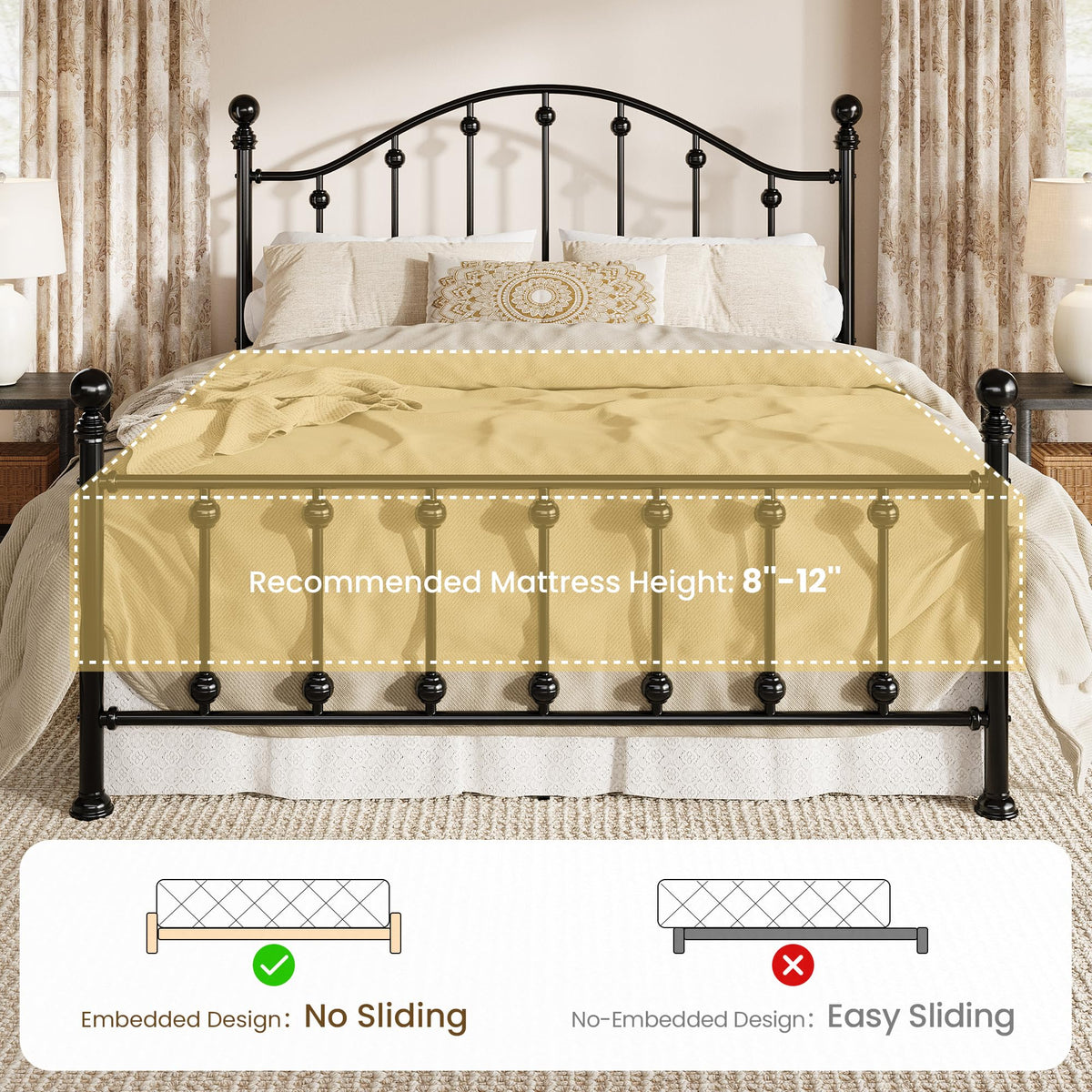 Queen Metal Bed Frame with Victorian Headboard and Footboard Black O9332
