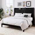 Queen Size Black Velvet Upholstered Platform Bed Frame with Storage Headboard W3457