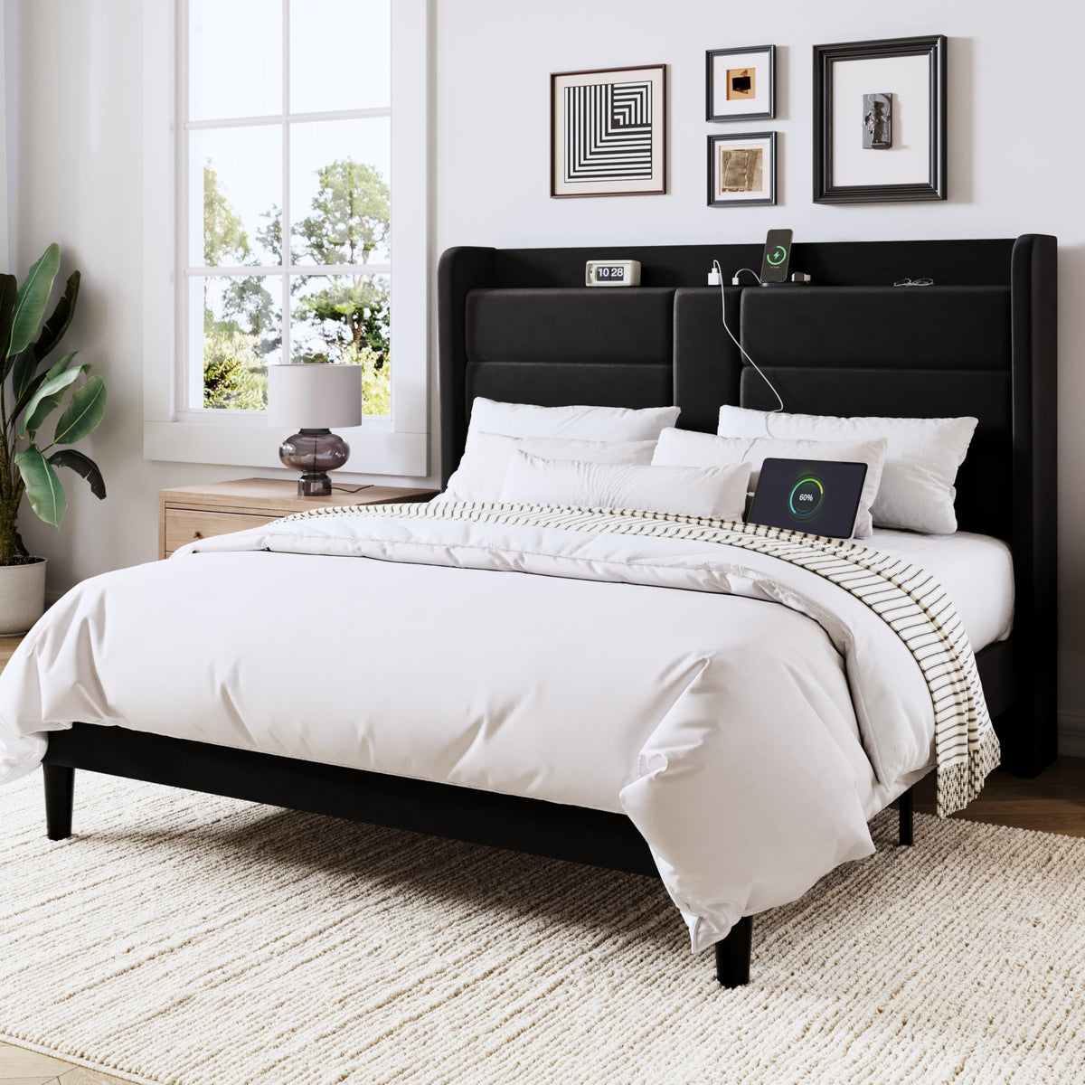 Queen Size Black Velvet Upholstered Platform Bed Frame with Storage Headboard W3457