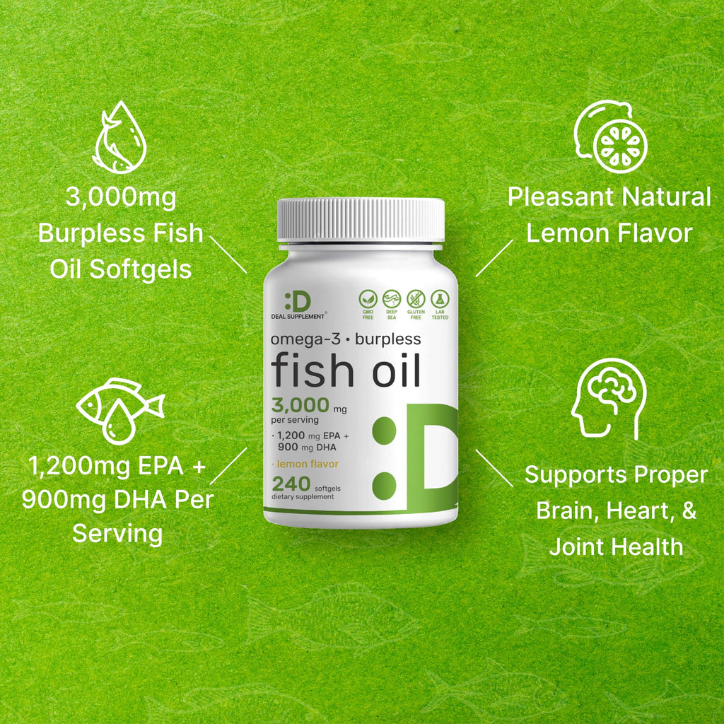 Omega 3 Fish Oil 3,000mg 240 Softgels EPA DHA Lemon Flavored Y633