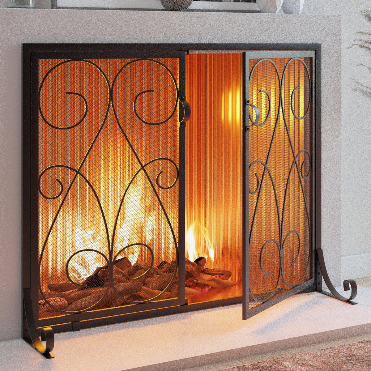 2-Panel Wrought Iron Fireplace Screen with Doors Black X1274
