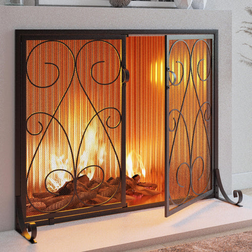 2-Panel Wrought Iron Fireplace Screen with Doors Black X1274