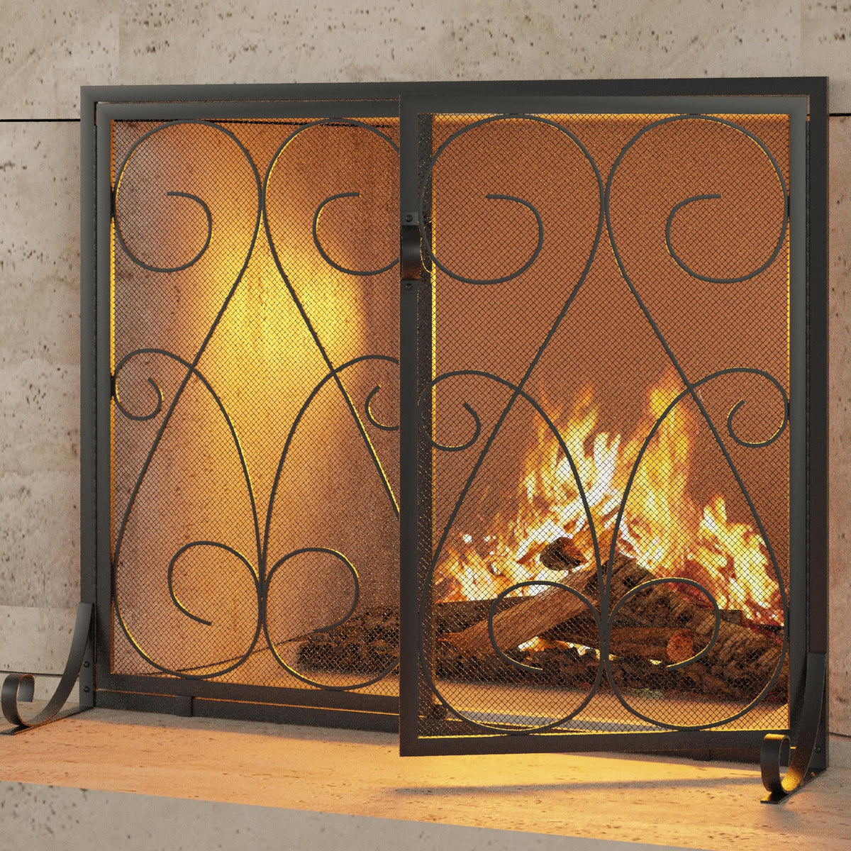2-Panel Wrought Iron Fireplace Screen with Doors Black X1274