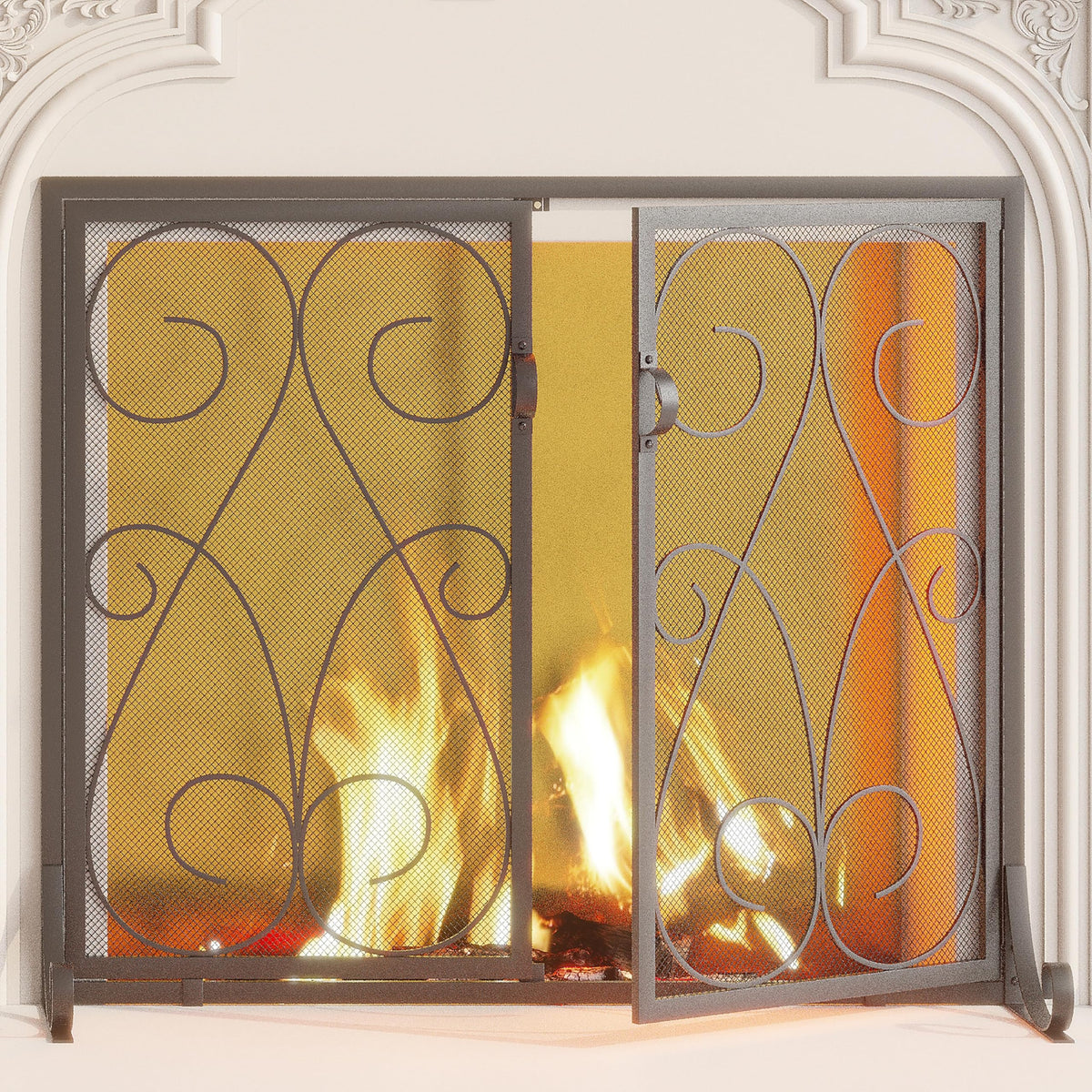 2-Panel Wrought Iron Fireplace Screen with Doors Black X1274