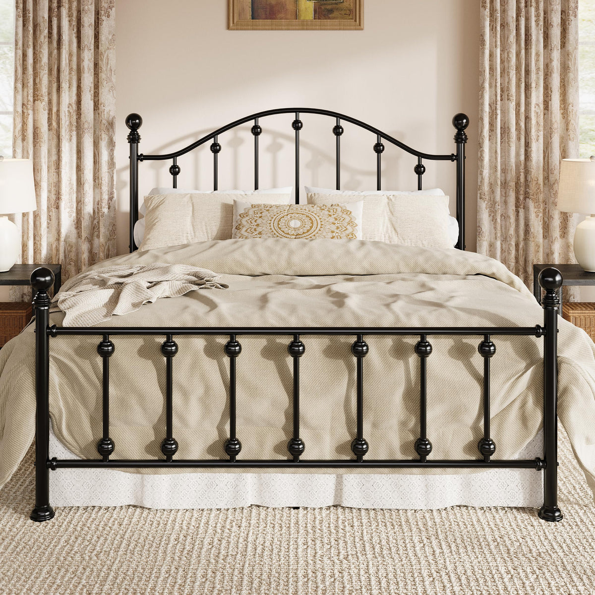 Queen Metal Bed Frame with Victorian Headboard and Footboard Black O9332