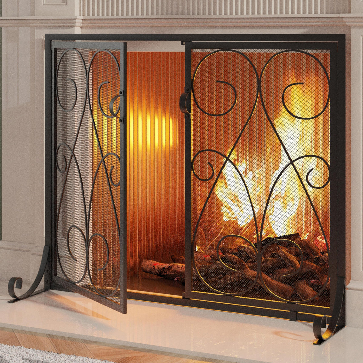 2-Panel Wrought Iron Fireplace Screen with Doors Black X1274